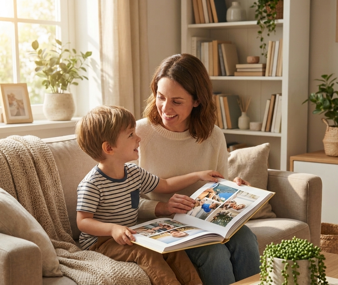 mom and son with photo book